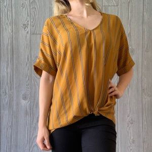 Mustard white and black striped blouse with tie